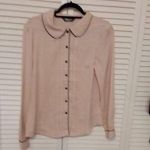 Allegra K Beige Button-Down Shirt with Black Accents